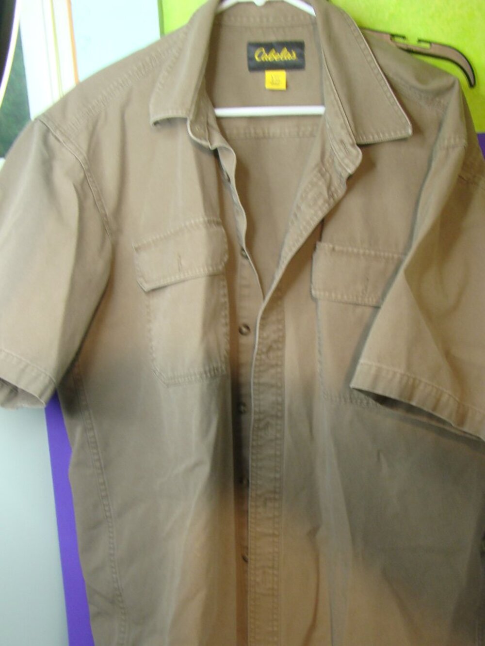Cabela's Button Up Mens Size Large Brown Short Sleeve Heavy Cotton Outdoor
